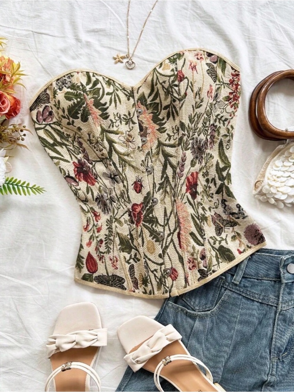 Floral Embroidered Strapless Corset Top - Cream Green Red